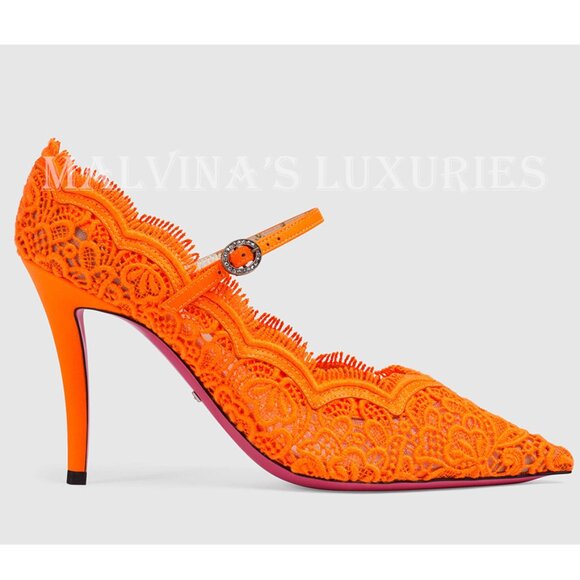 GUCCI SHOES VIRGINIA CORDED LACE MARY JANE POINTY PUMPS CRYSTAL sz 37 6.5 US - Picture 13 of 14